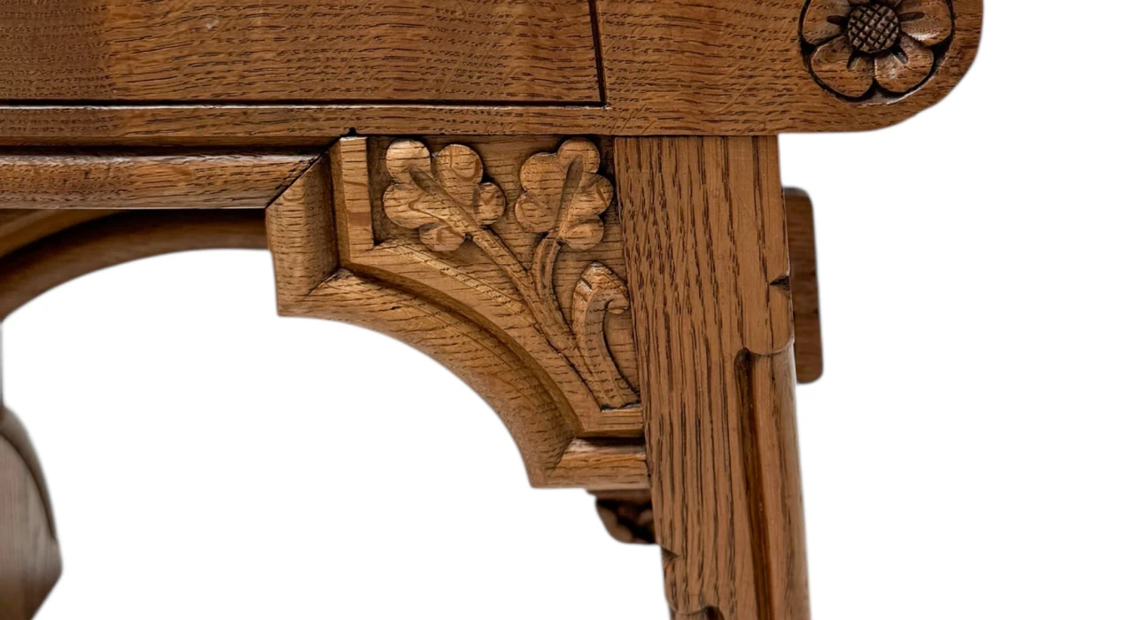 Arts & Crafts Hand-Carved Oak Stools with Boucle Upholstery, 1900s